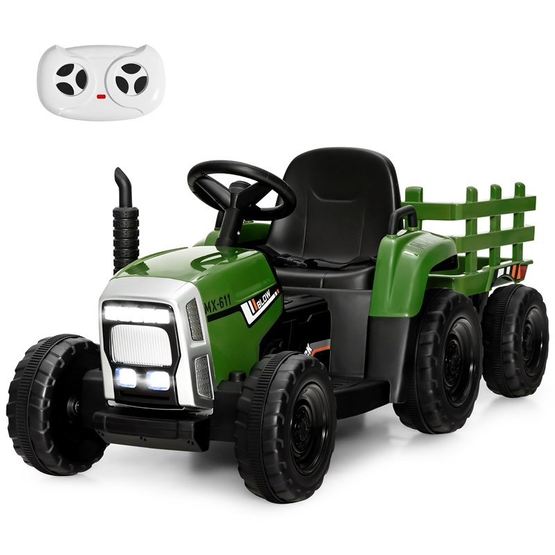 Pemberly Row 12V Kids Ride On Tractor with Trailer Ground Loader Dark Green