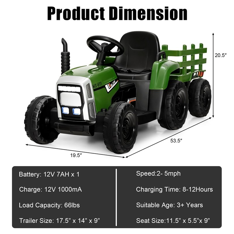 Pemberly Row 12V Kids Ride On Tractor with Trailer Ground Loader Dark Green