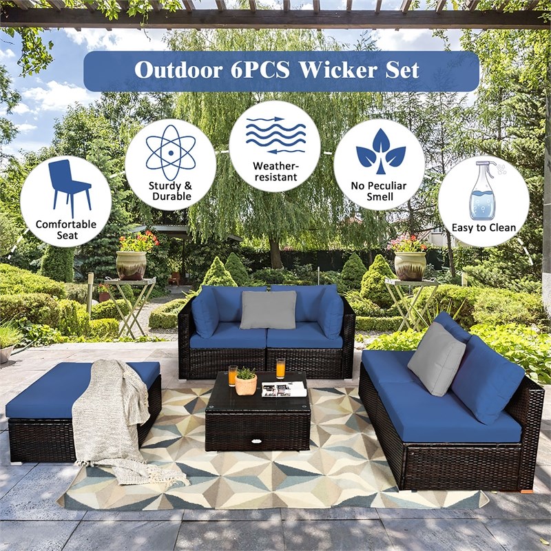 Pemberly Row 6PCS Outdoor Patio Rattan Furniture Set Sectional Sofa Navy