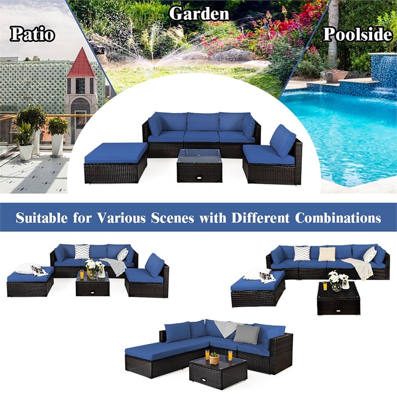 Pemberly Row 6PCS Outdoor Patio Rattan Furniture Set Sectional Sofa Navy