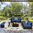 Pemberly Row 6PCS Outdoor Patio Rattan Furniture Set Sectional Sofa Navy
