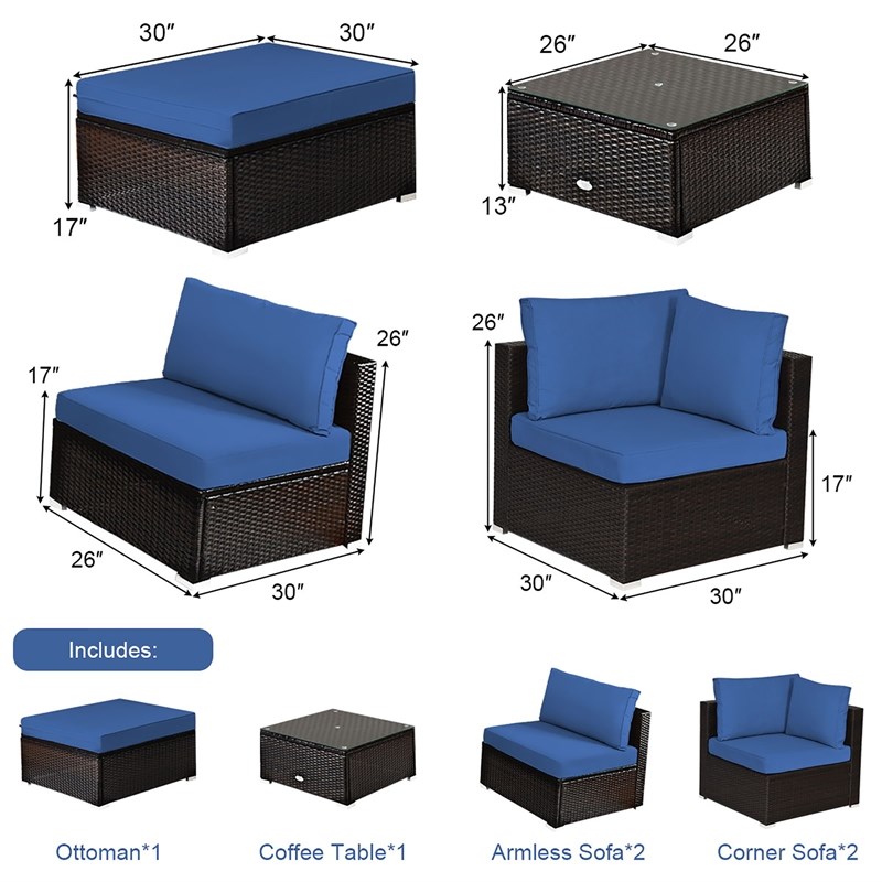 Pemberly Row 6PCS Outdoor Patio Rattan Furniture Set Sectional Sofa Navy