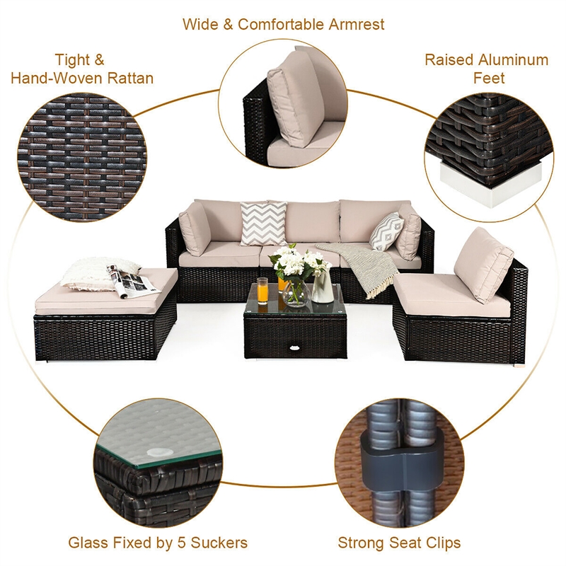 Pemberly Row 6PCS Outdoor Patio Rattan Furniture Set Sectional Sofa Brown