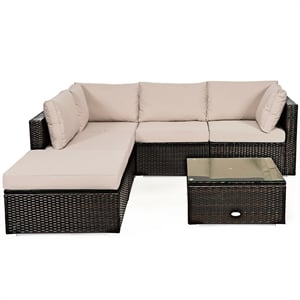 Pemberly Row 6PCS Outdoor Patio Rattan Furniture Set Sectional Sofa Brown