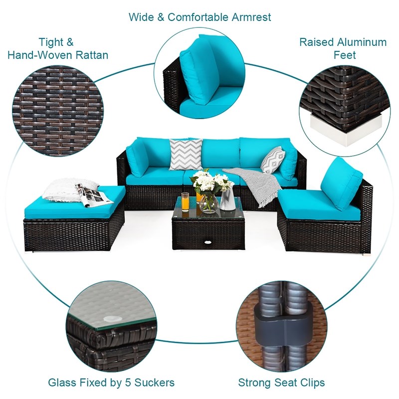 Pemberly Row 6PCS Outdoor Patio Rattan Furniture Set Sectional Sofa Turquoise