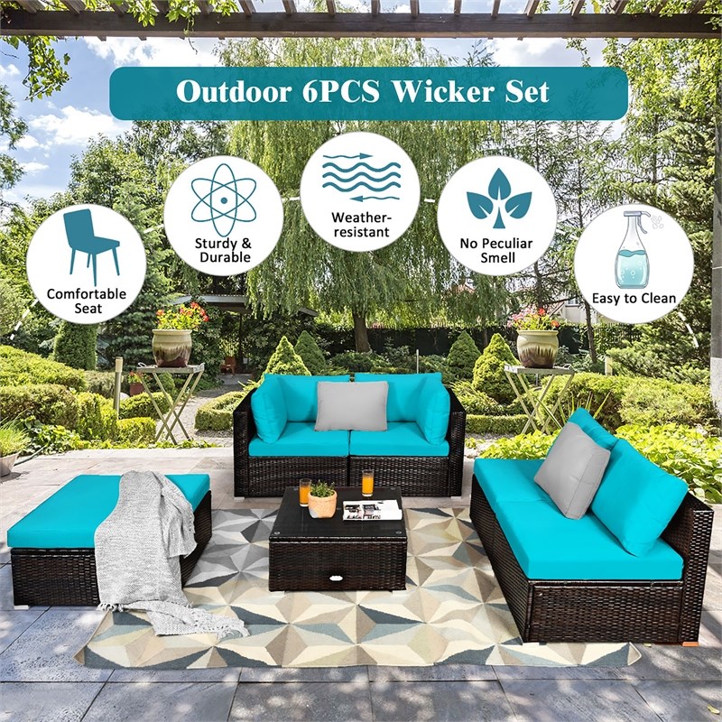 Pemberly Row 6PCS Outdoor Patio Rattan Furniture Set Sectional Sofa Turquoise