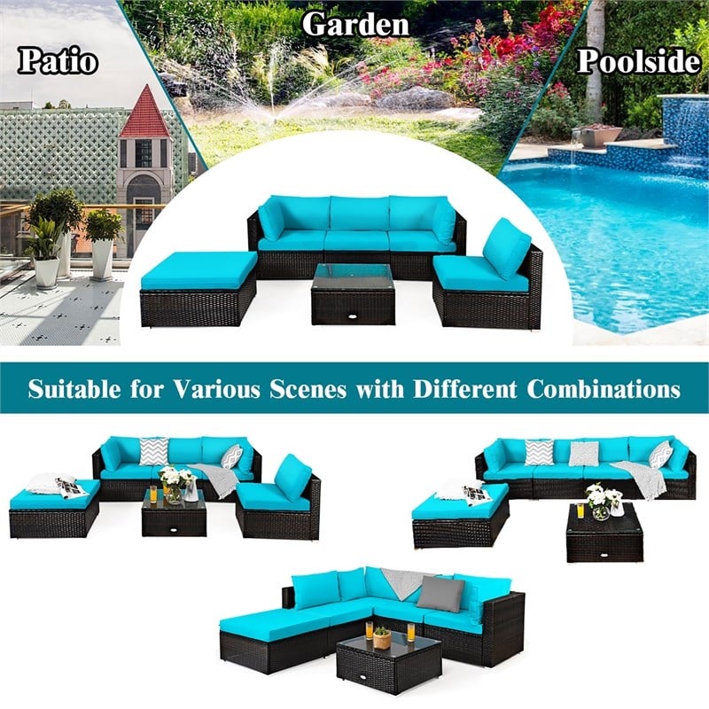 Pemberly Row 6PCS Outdoor Patio Rattan Furniture Set Sectional Sofa Turquoise