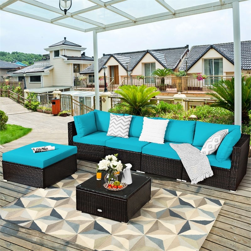 Pemberly Row 6PCS Outdoor Patio Rattan Furniture Set Sectional Sofa Turquoise