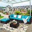 Pemberly Row 6PCS Outdoor Patio Rattan Furniture Set Sectional Sofa Turquoise