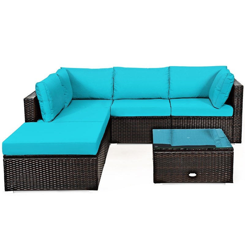 Pemberly Row 6PCS Outdoor Patio Rattan Furniture Set Sectional Sofa Turquoise