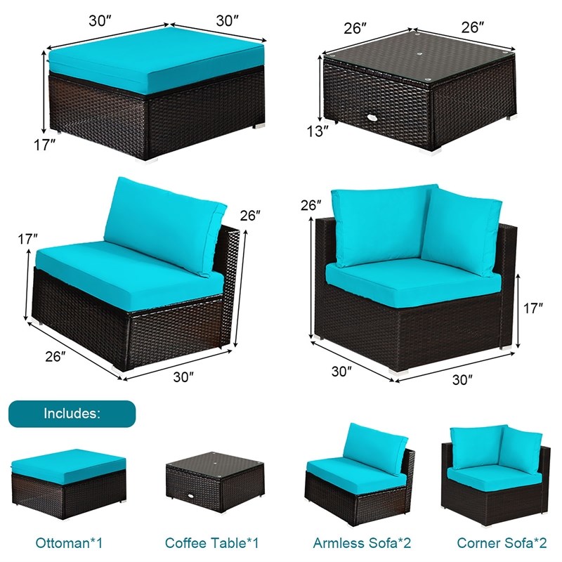 Pemberly Row 6PCS Outdoor Patio Rattan Furniture Set Sectional Sofa Turquoise