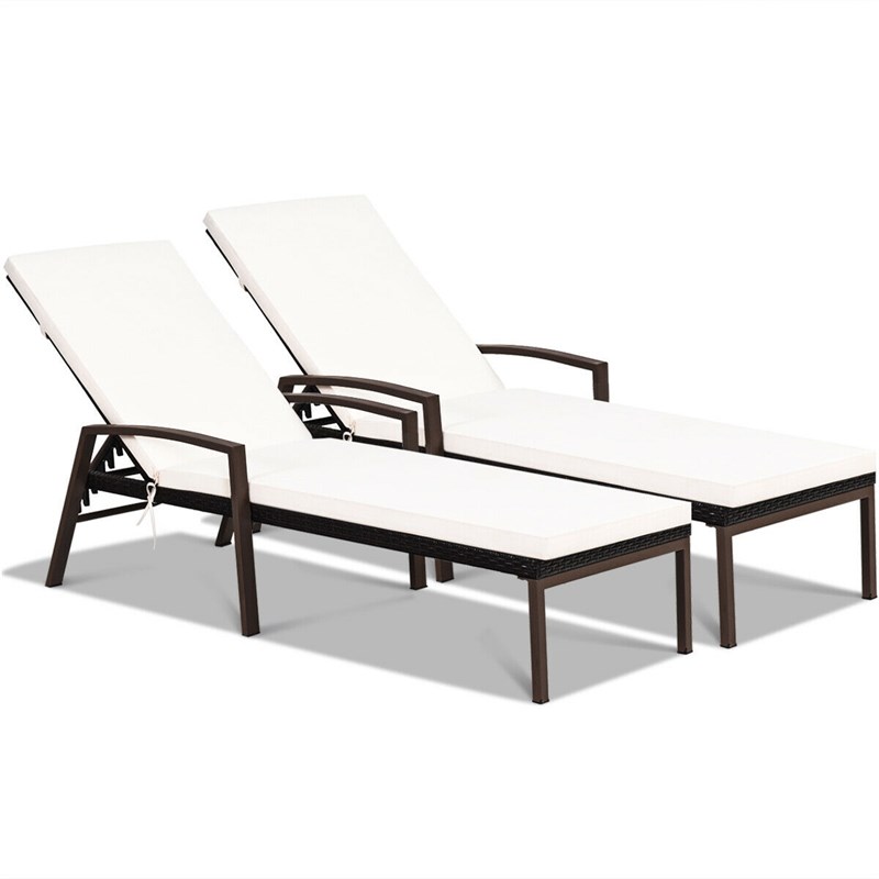 Pemberly Row 2PCS Patio Rattan Lounge Chair Chaise Recliner Back White