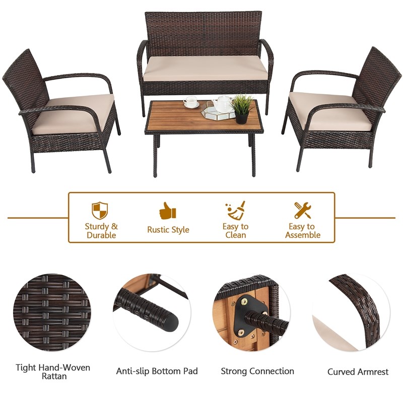 Pemberly Row 4PCS Patio Rattan Furniture Conversation Set Brown