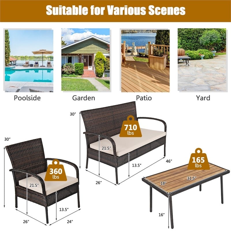 Pemberly Row 4PCS Patio Rattan Furniture Conversation Set Brown