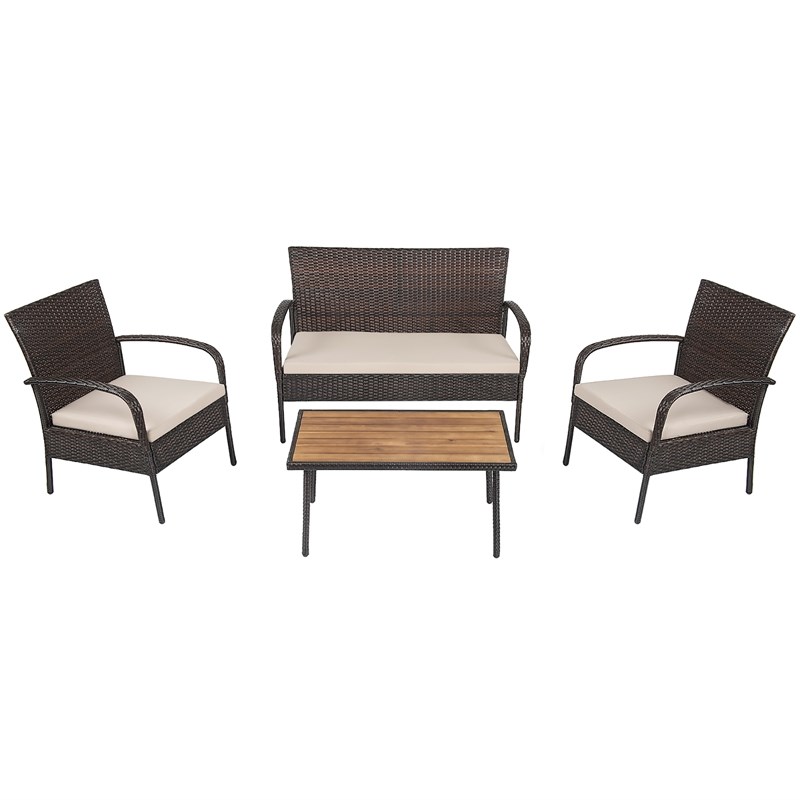 Pemberly Row 4PCS Patio Rattan Furniture Conversation Set Brown