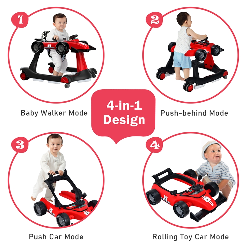 Pemberly Row 4-in-1 Baby Walker Foldable Activity Push Walker Adjustable Red