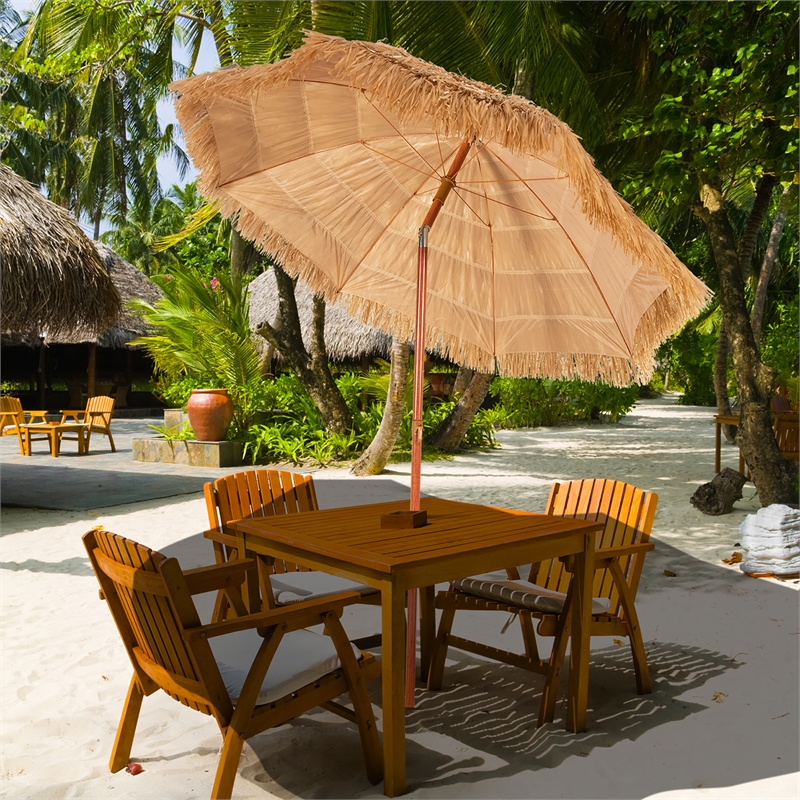 Pemberly Row 6.5 FT Patio Portable Thatched Beach Umbrella Tilt Khaki