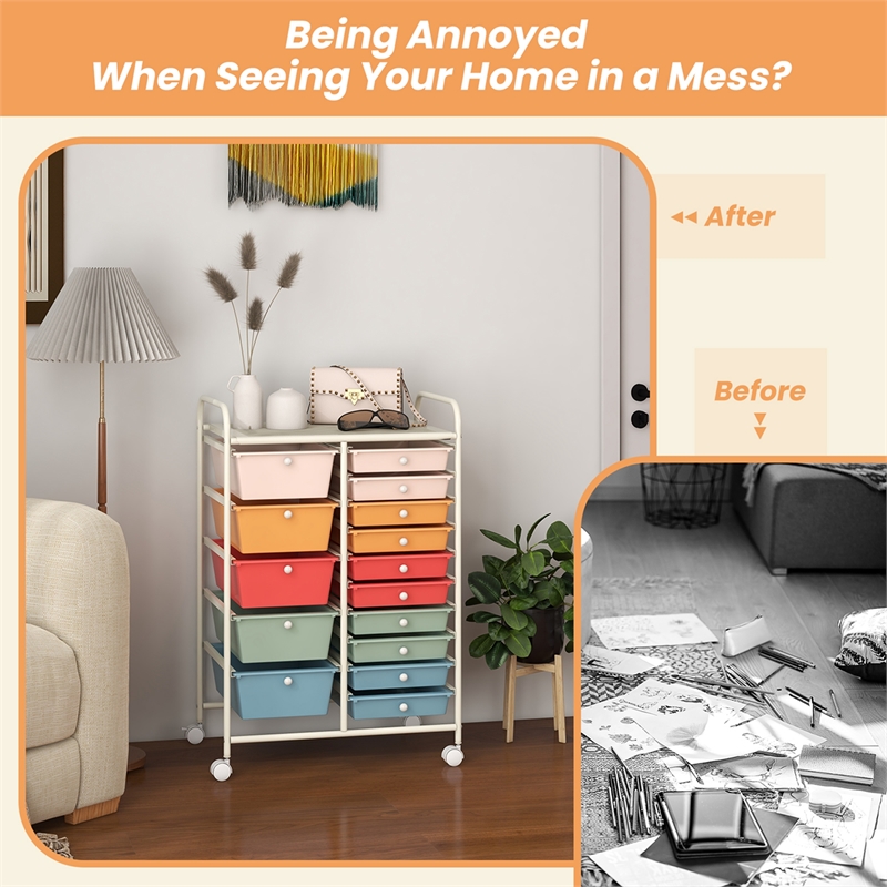 Pemberly Row 15 Drawer Rolling Storage Cart Mobile Cart Organizer Multicolored