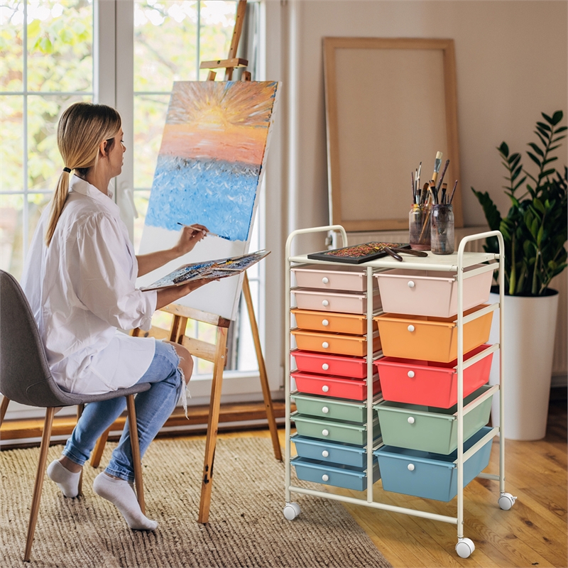 Pemberly Row 15 Drawer Rolling Storage Cart Mobile Cart Organizer Multicolored
