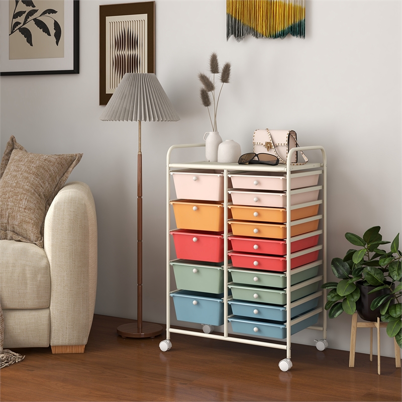 Pemberly Row 15 Drawer Rolling Storage Cart Mobile Cart Organizer Multicolored