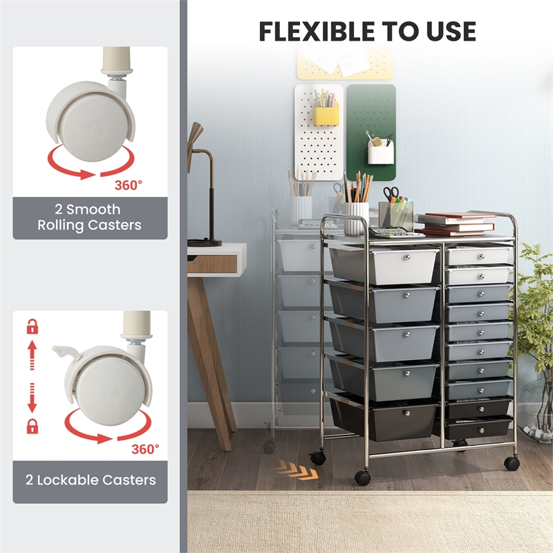 Pemberly Row 15 Drawer Rolling Storage Cart Mobile Cart Organizer Gray
