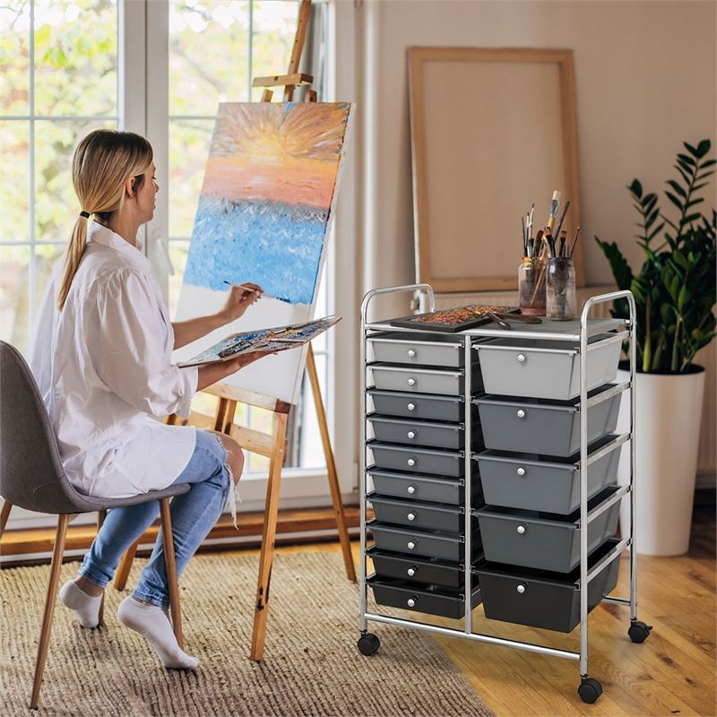 Pemberly Row 15 Drawer Rolling Storage Cart Mobile Cart Organizer Gray