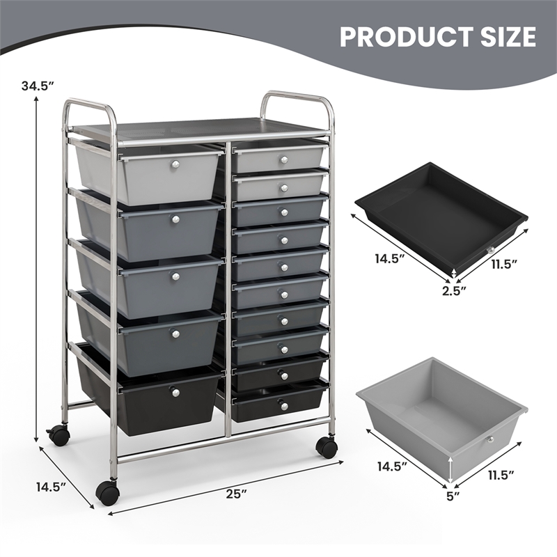 Pemberly Row 15 Drawer Rolling Storage Cart Mobile Cart Organizer Gray