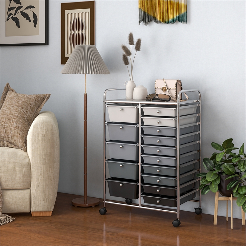 Pemberly Row 15 Drawer Rolling Storage Cart Mobile Cart Organizer Gray