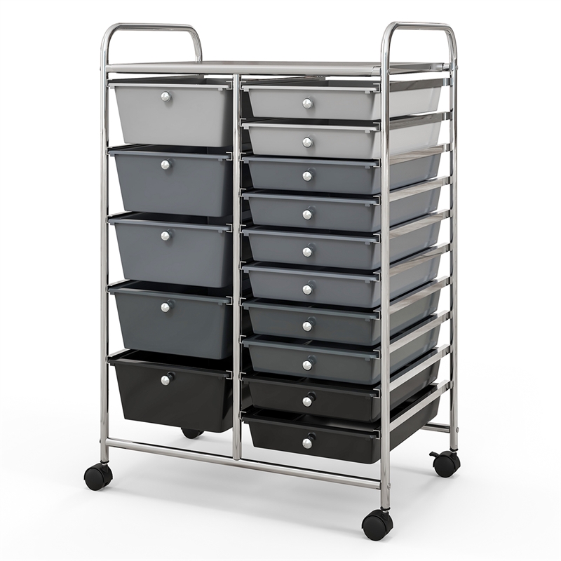Pemberly Row 15 Drawer Rolling Storage Cart Mobile Cart Organizer Gray