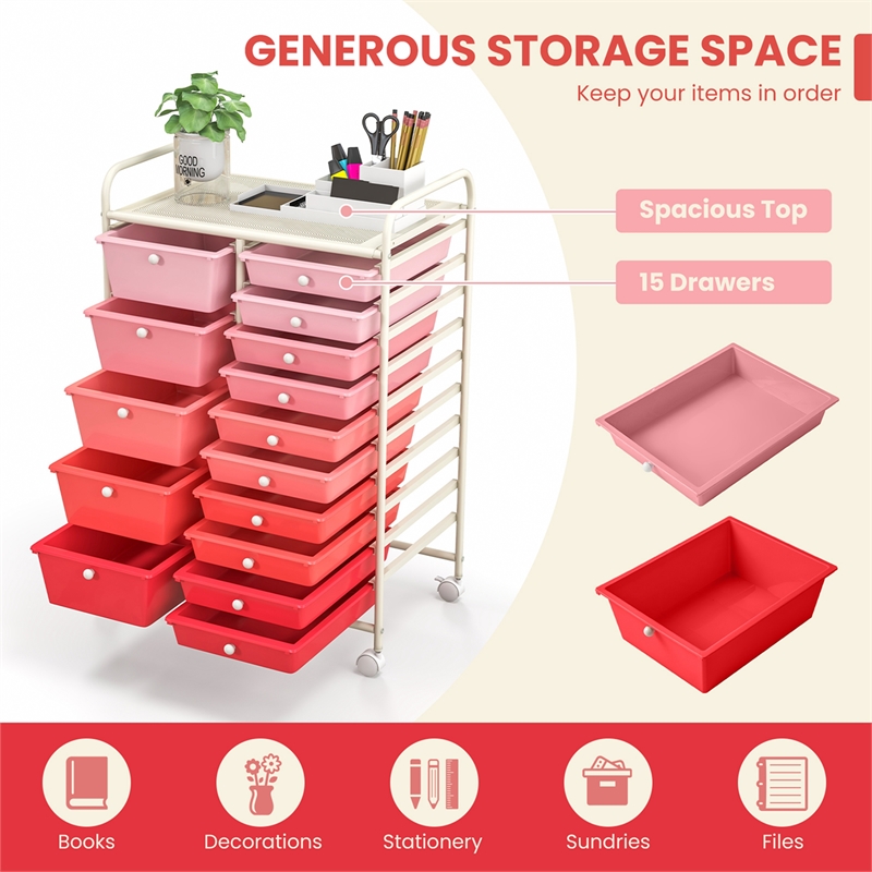 Pemberly Row 15 Drawer Rolling Storage Cart Mobile Cart Organizer Pink