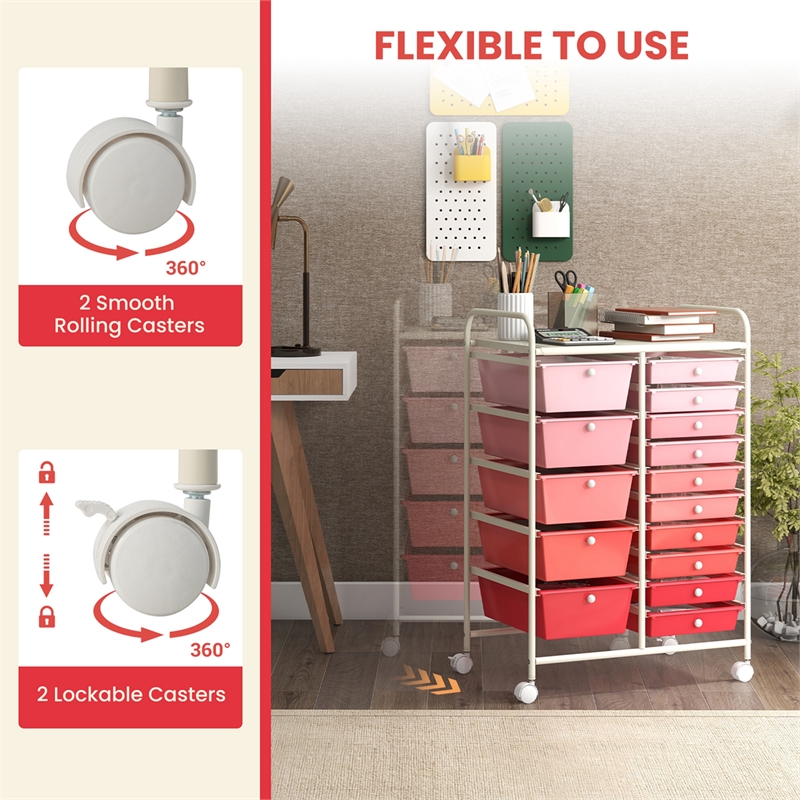Pemberly Row 15 Drawer Rolling Storage Cart Mobile Cart Organizer Pink