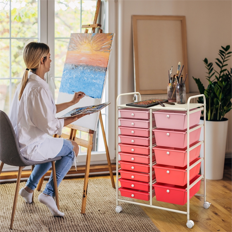 Pemberly Row 15 Drawer Rolling Storage Cart Mobile Cart Organizer Pink