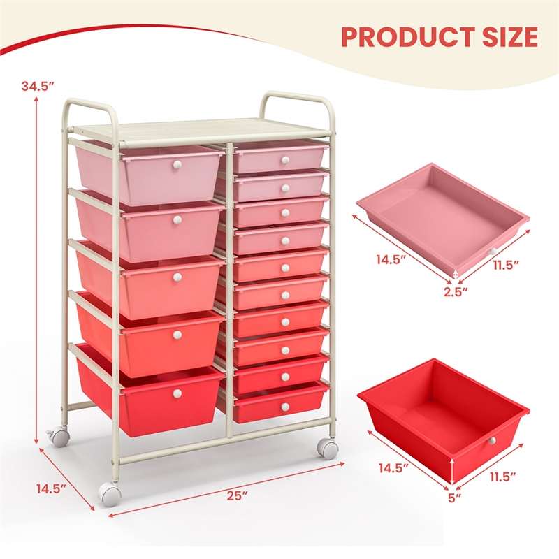 Pemberly Row 15 Drawer Rolling Storage Cart Mobile Cart Organizer Pink