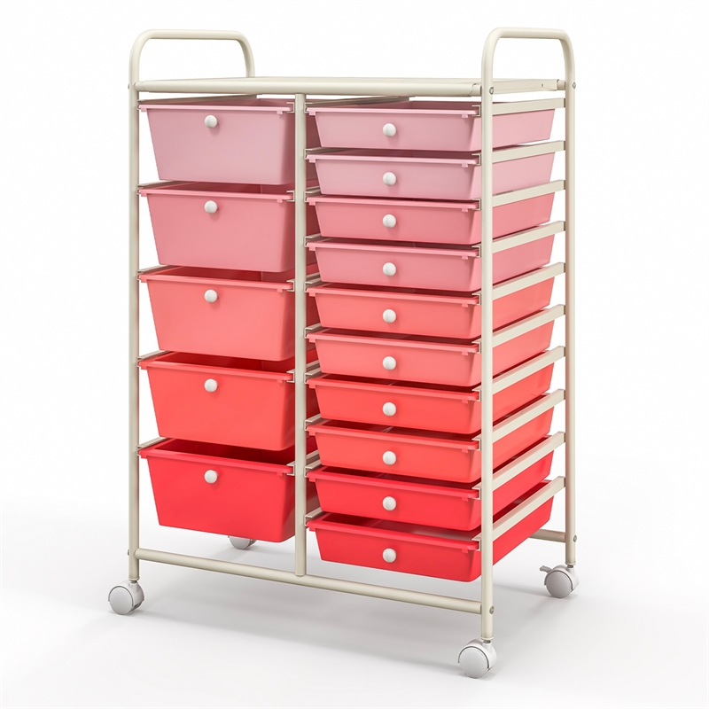 Pemberly Row 15 Drawer Rolling Storage Cart Mobile Cart Organizer Pink
