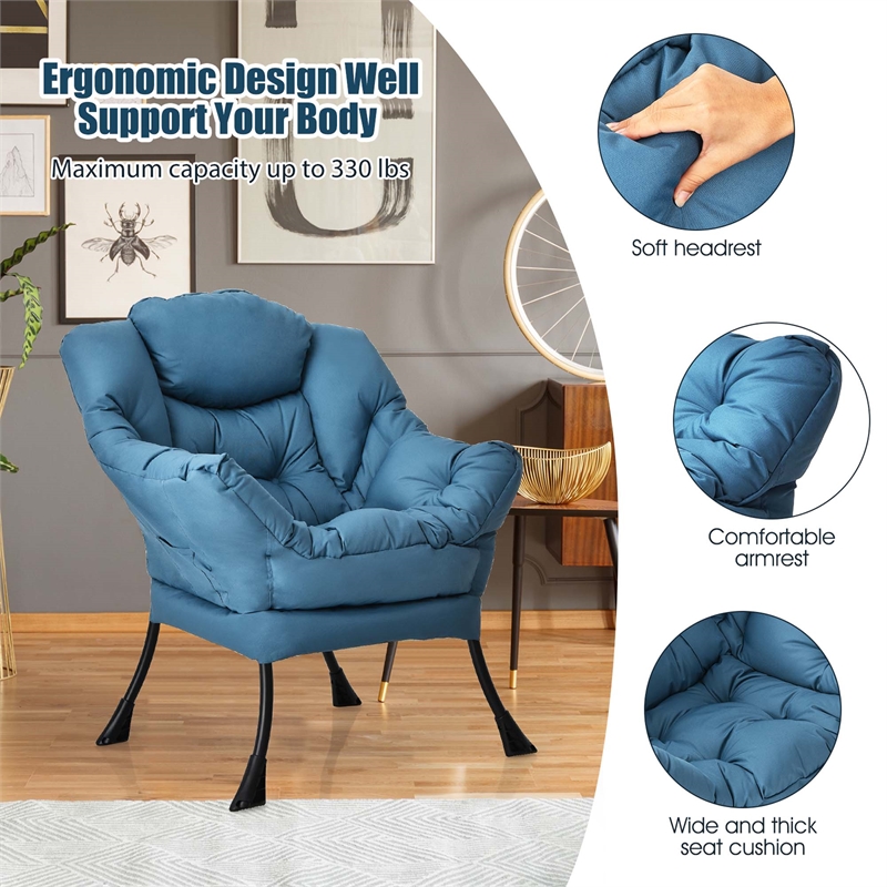 Pemberly Row Polyester Fabric Lazy Chair Single Sofa Chair w/ Side Pocket Navy