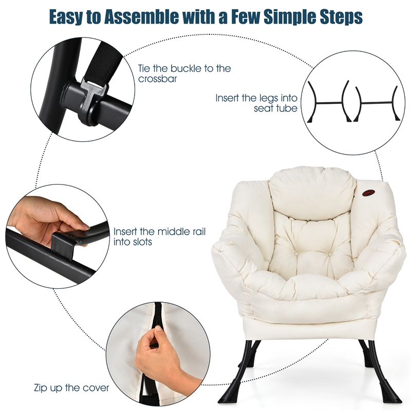 Pemberly Row Polyester Fabric Lazy Chair Single Sofa Chair w/ Side Pocket Beige