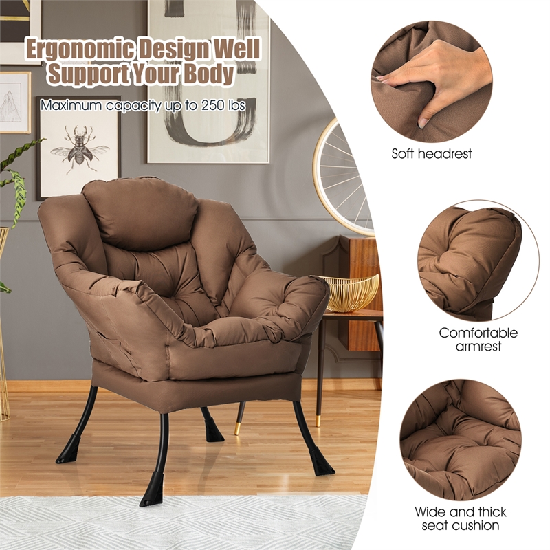 Pemberly Row Polyester Fabric Lazy Chair Single Sofa Chair w/ Side Pocket Brown