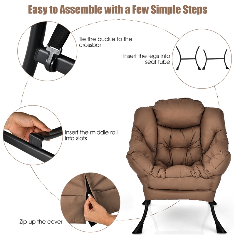 Pemberly Row Polyester Fabric Lazy Chair Single Sofa Chair w/ Side Pocket Brown
