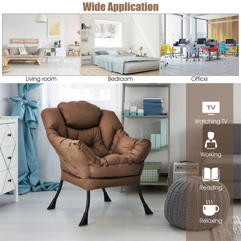 Pemberly Row Polyester Fabric Lazy Chair Single Sofa Chair w/ Side Pocket Brown
