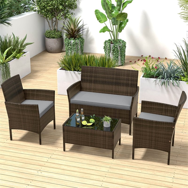 Pemberly Row 4 PCS Patio Furniture Set with Tempered Glass Coffee Table Gray
