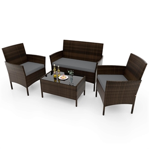 Pemberly Row 4 PCS Patio Furniture Set with Tempered Glass Coffee Table Gray