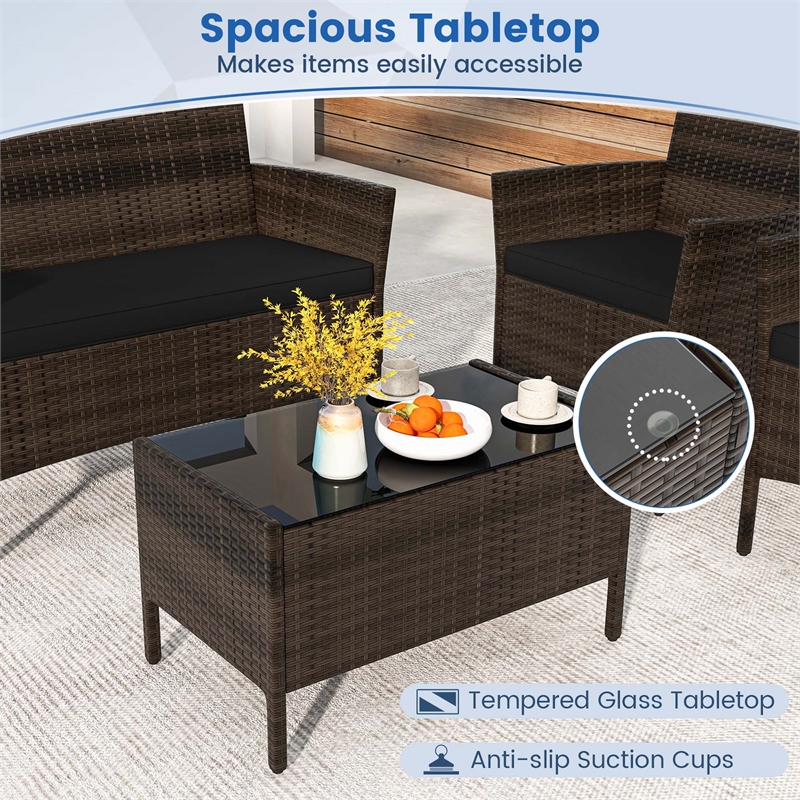 Pemberly Row 4 PCS Patio Furniture Set with Tempered Glass Coffee Table Black