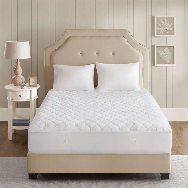 Pemberly Row Heated Microfiber Fabric Full Heated Mattress Pad in White