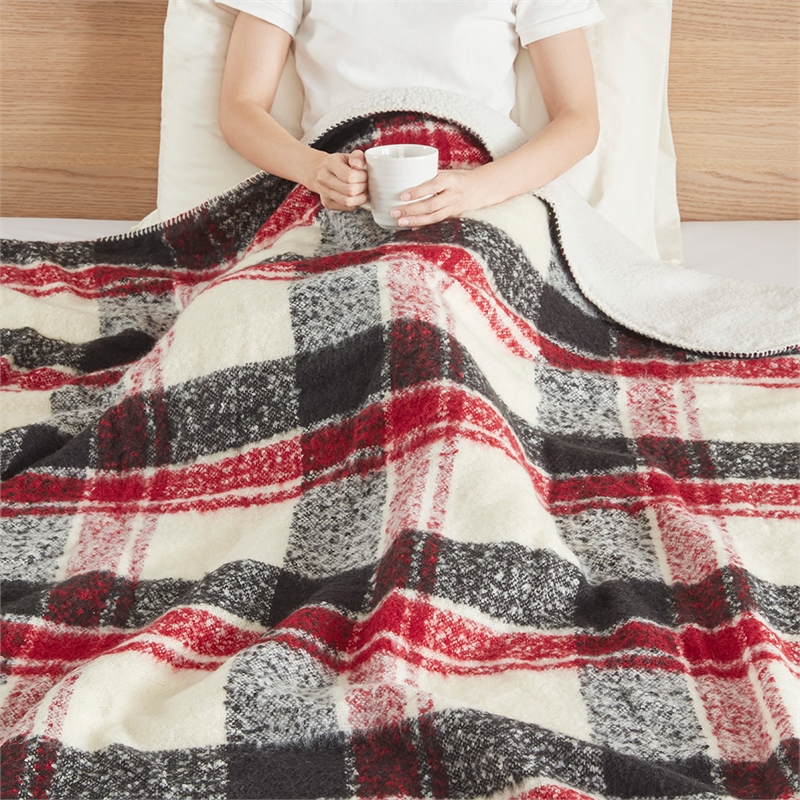 Pemberly Row Mid-Century Faux Mohair to Sherpa Fabric Throw in Red