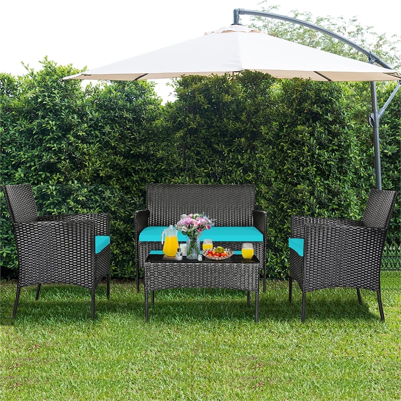 Pemberly Row 4PCS Patio Rattan Furniture Set Cushioned Sofa Turquoise