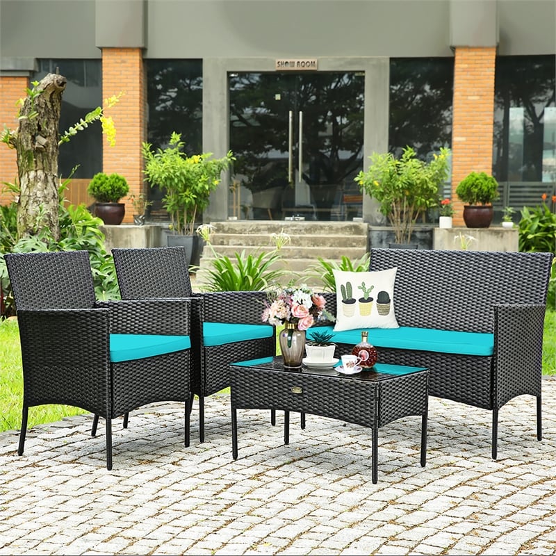 Pemberly Row 4PCS Patio Rattan Furniture Set Cushioned Sofa Turquoise