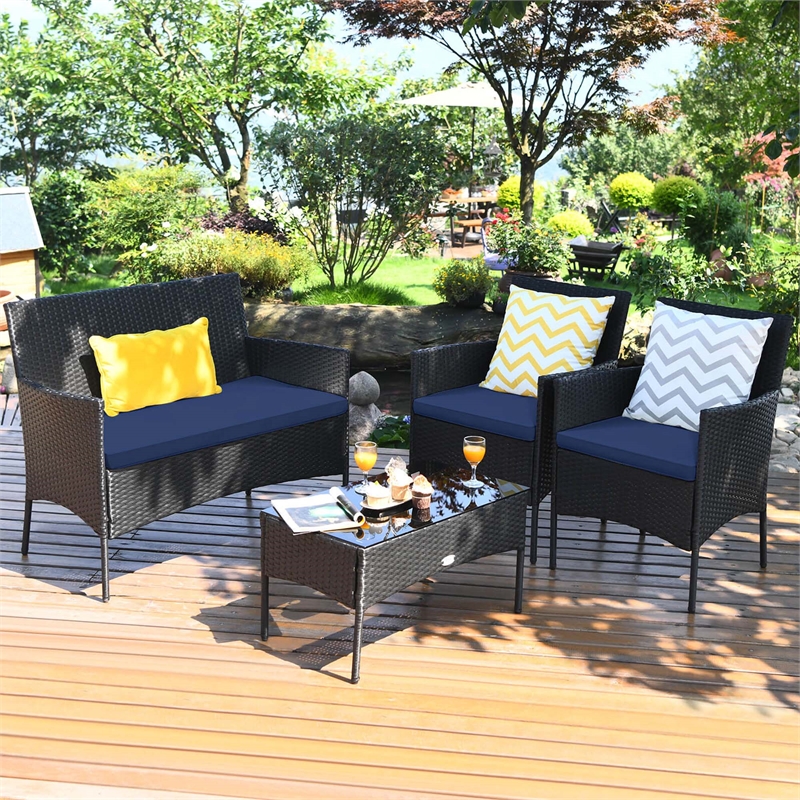 Pemberly Row 4PCS Patio Rattan Furniture Set Cushioned Sofa Navy