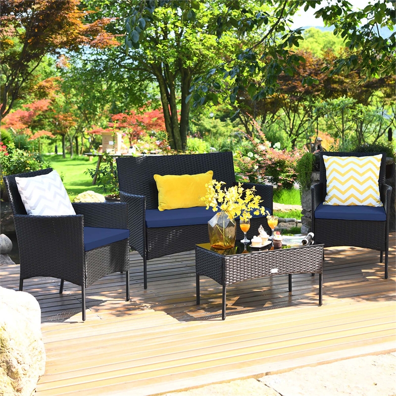 Pemberly Row 4PCS Patio Rattan Furniture Set Cushioned Sofa Navy