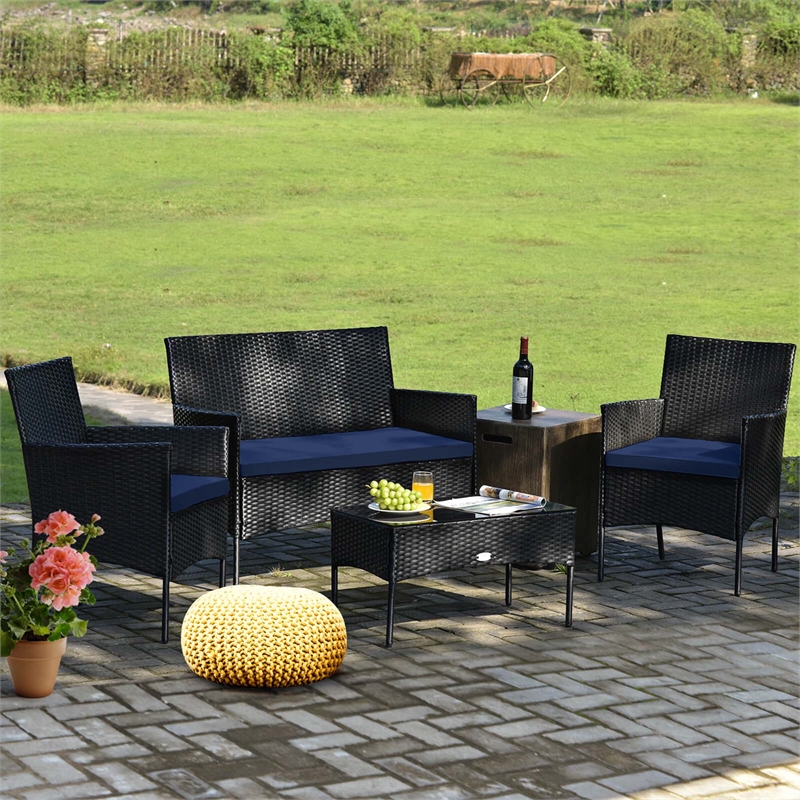 Pemberly Row 4PCS Patio Rattan Furniture Set Cushioned Sofa Navy