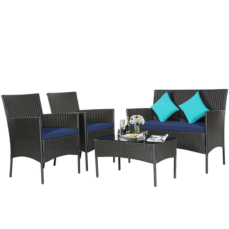 Pemberly Row 4PCS Patio Rattan Furniture Set Cushioned Sofa Navy